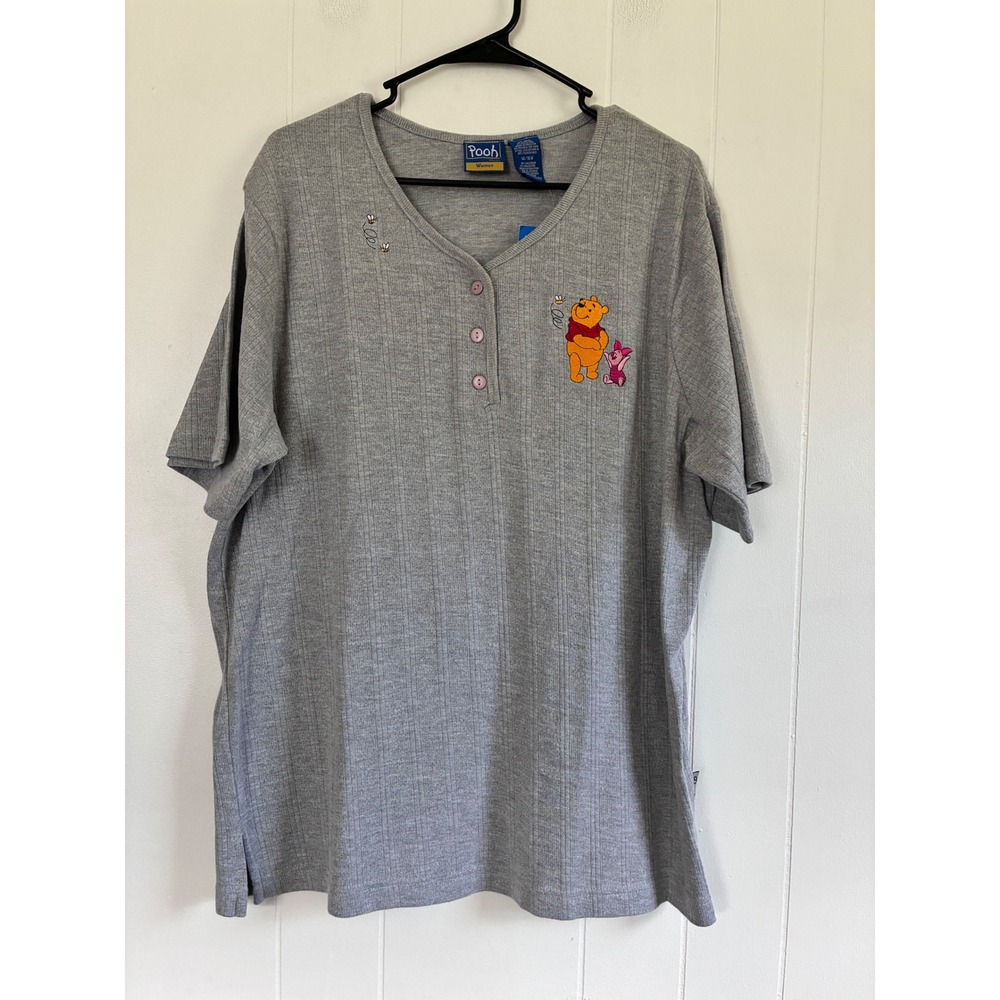 Disney Winnie the Pooh Piglet Gray Ribbed Henley Short Sleeve  Womens 14/16W